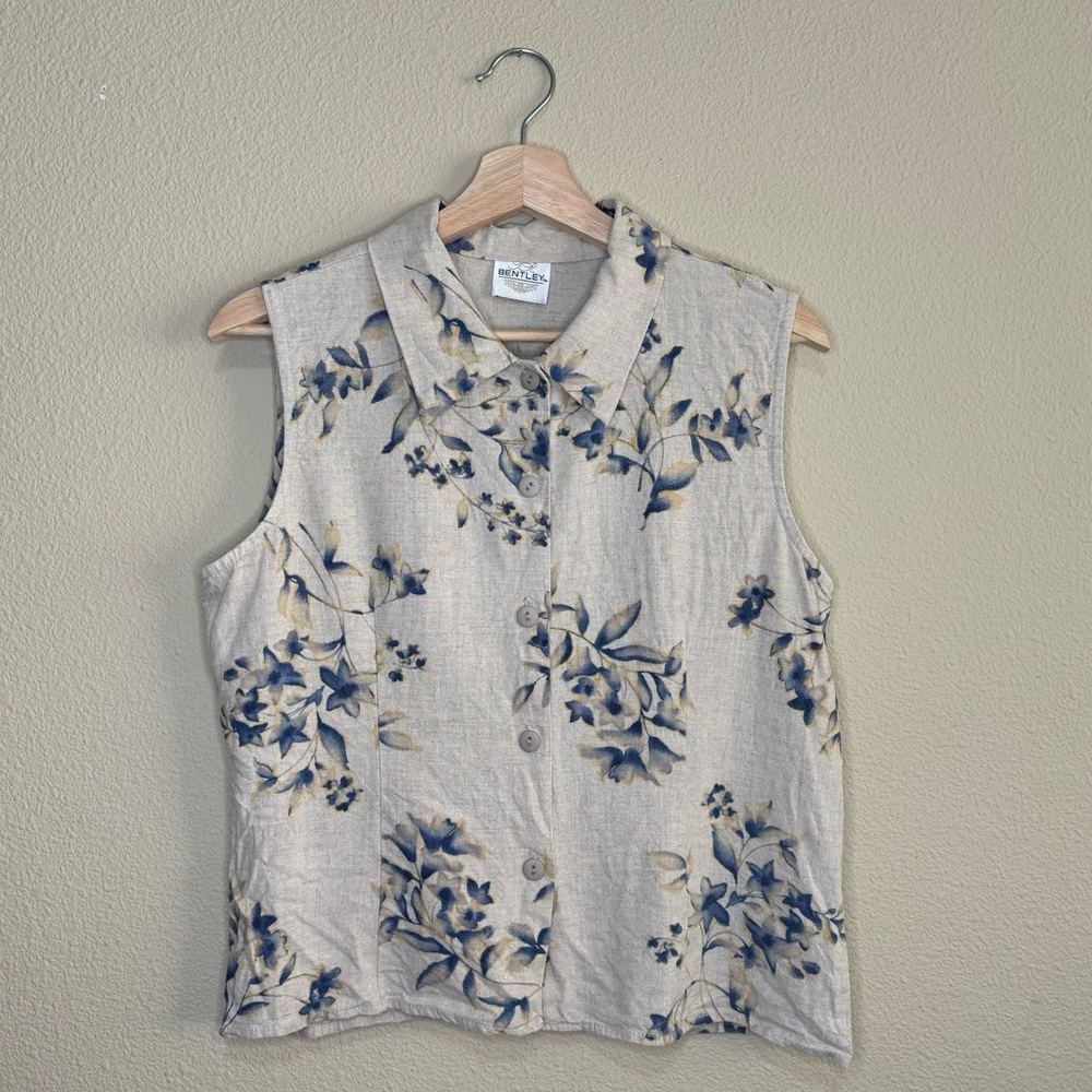 Bentley vest womens large 90s linen blend floral button down tan & blue